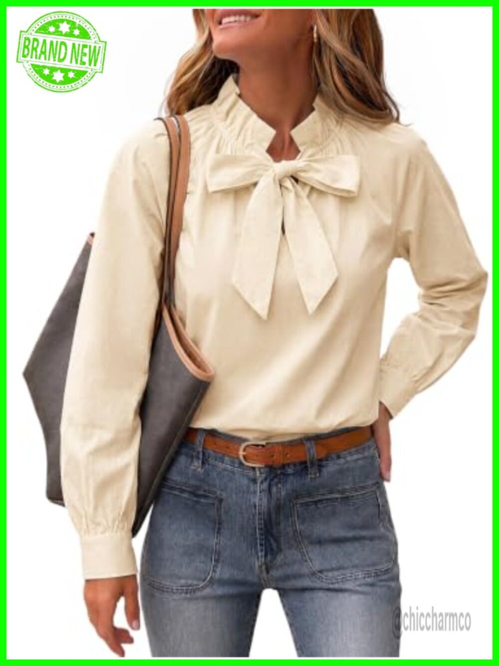 Striped Bow Tie Blouse Puff Long Sleeve Ruffle Cotton Top